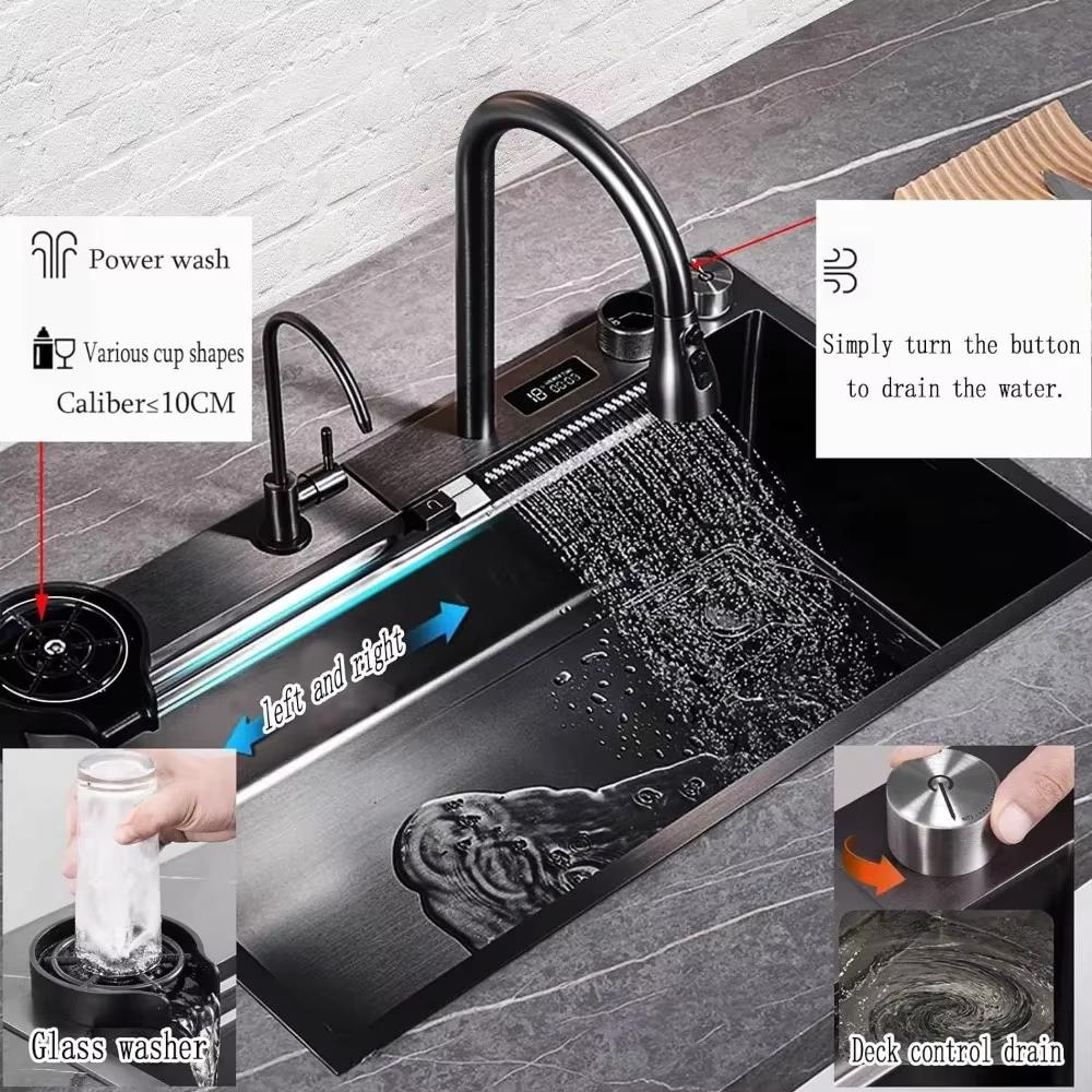 Kitchen Sink Waterfall Sink Temp Digital with cup washer Counter Controls Workstation Kitchen Sink single kitchen sinks Black