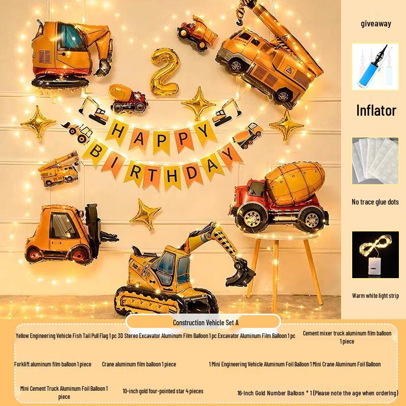1st Birthday Construction Vehicle Balloon Set: 3D Party Decoration