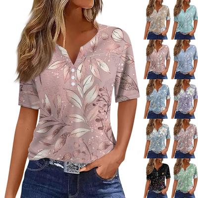 Kadın's Tişört Tişört Desen Düğme Kısa Kollu Günlük Hafta sonu Moda Temel V Yaka Normal Üst