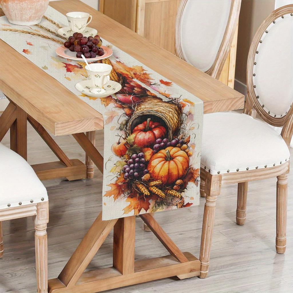 1 Stück Herbsternte Tischläufer, Aquarellgemalter Kürbis, Obst und Gemüse, Getreideähre, Geeignet für Restaurant, Zuhause, Thanksgiving-Party,