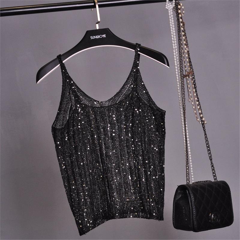 

Трендовый трикотажный камизоль с пайетками - Сексуальный, дышащий и блестящий женский топ One Size чёрный