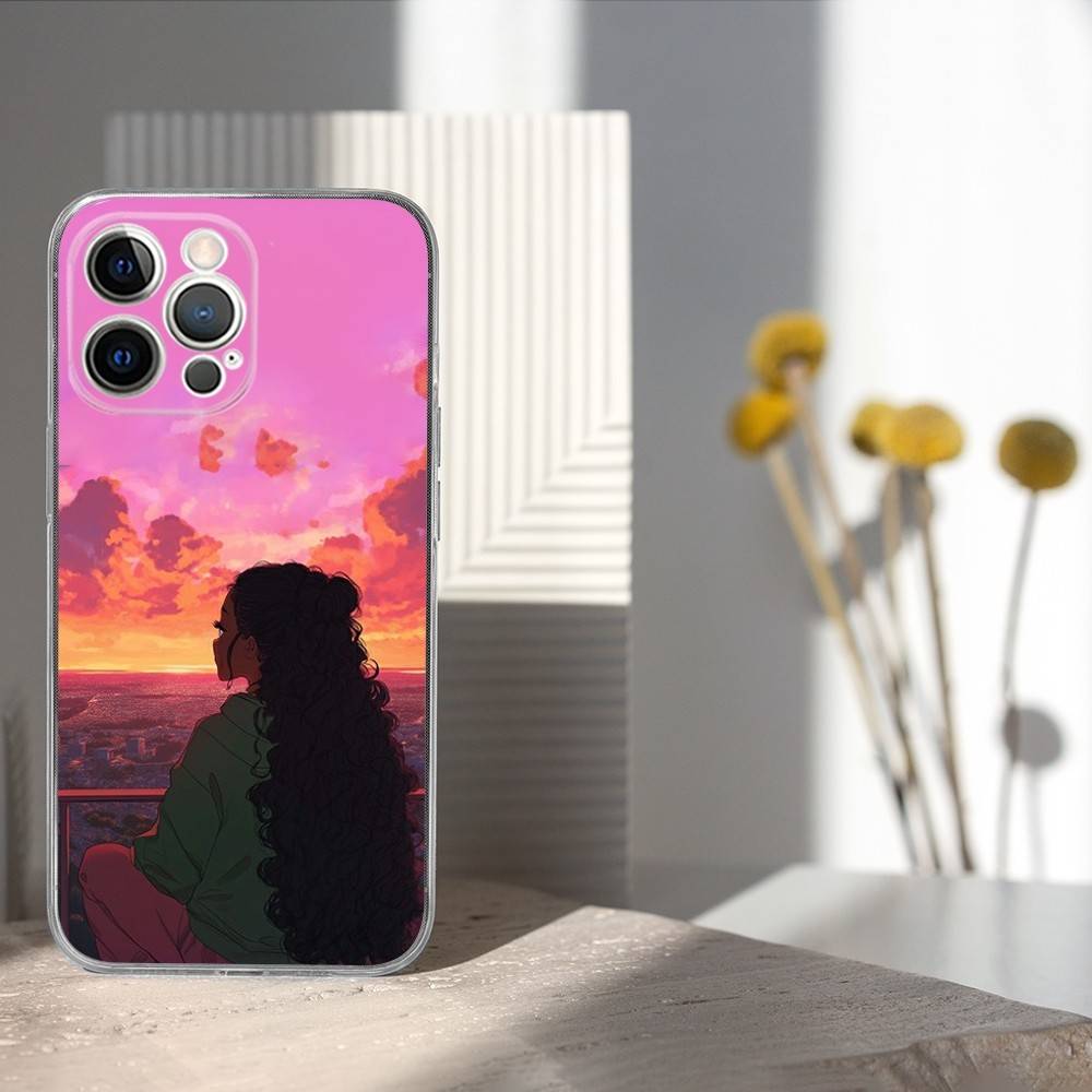Afro Black Girl Cute Cartoon Phone Case For iPhone 17,16,15,14,13,12,11 Pro,Max,Plus,X,XS,XR,SE4,E Mini Transparent Soft Cover