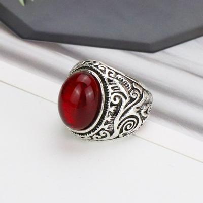Carved Rock Style Men Ring Red Faux Gem Finger Ring Jewelry