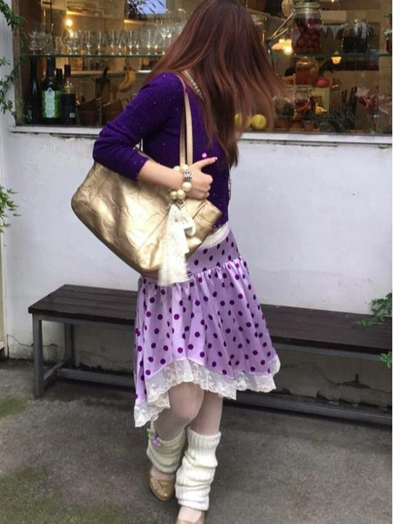 French Retro Asymmetrical Satin Patchwork Skirt with Lace and Polka Dots for Autumn