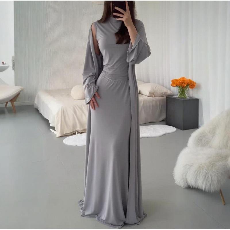 autumn and summer season waist tight comfortable versatile commuting daily hip skirt sleeveless top jacket three-piece set XS серый