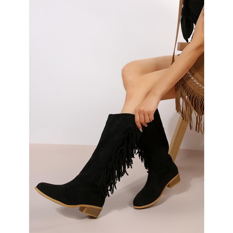 Plus Size Women's New Arrival Suede Knee-High Fringe Boots Pointed Toe Low Heel Versatile Long Boots Rider Boots