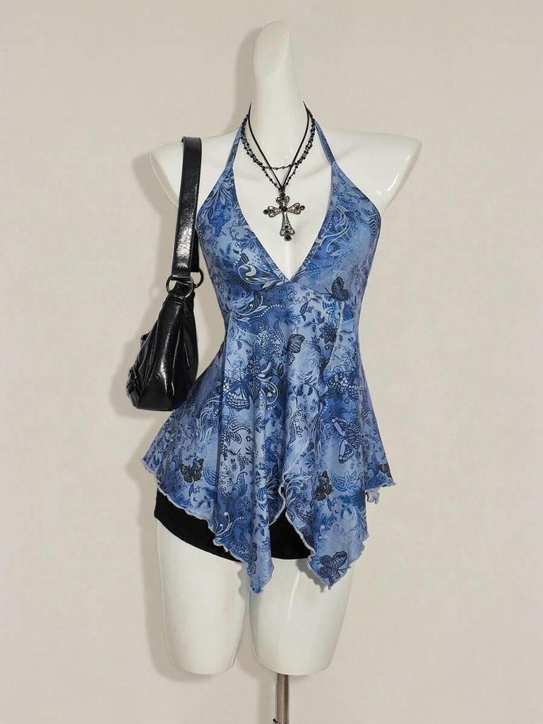 Top Halter Mariposa Azul Retro Americano - Dobladillo Irregular Estilo Fresco Camisola