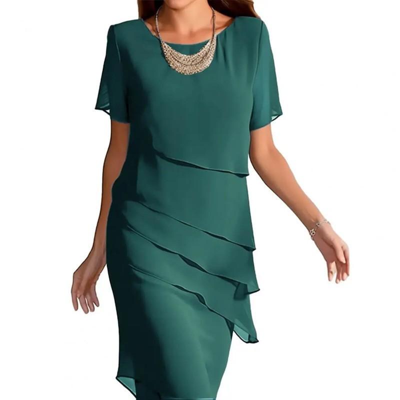 2026 Amazon Independent Station New Summer Slim Dress Splicing Chiffon Crew Neck Short Sleeve Dress Women