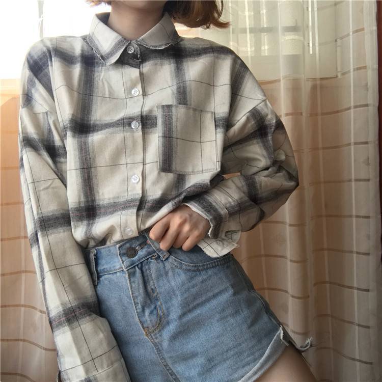 

Рубашка женская, свежая клетчатая рубашка в гонконгском стиле, топ, женское пальто, свободная рубашка с длинными рукавами на весну и осень XXL белый