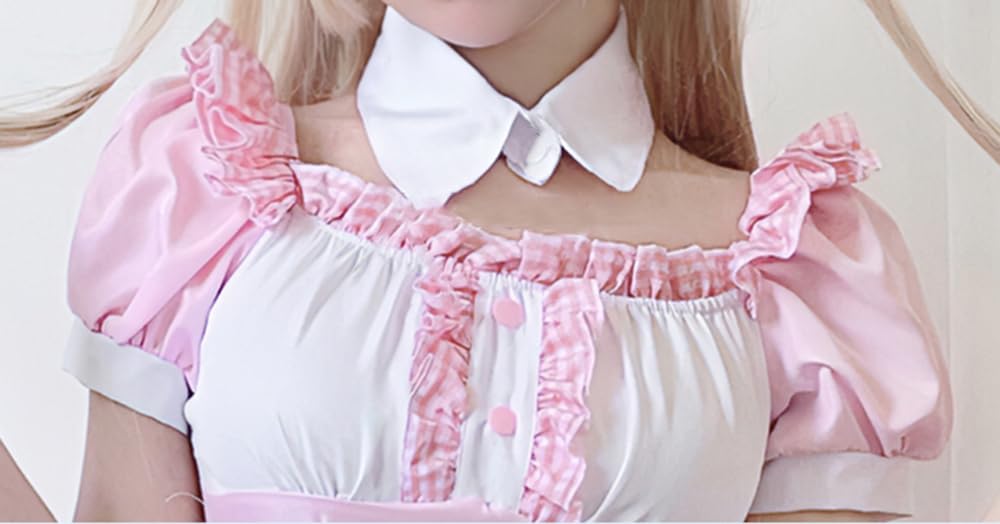 Shangki Manufacturing Gothic Lolita Dienstmädchen Moe Cosplay Short mit ordentlicher und hübscher Kellnerin Rosa Dienstmädchen Übergröße Outfit, Kostüm, Ärmel, Rüschen,
