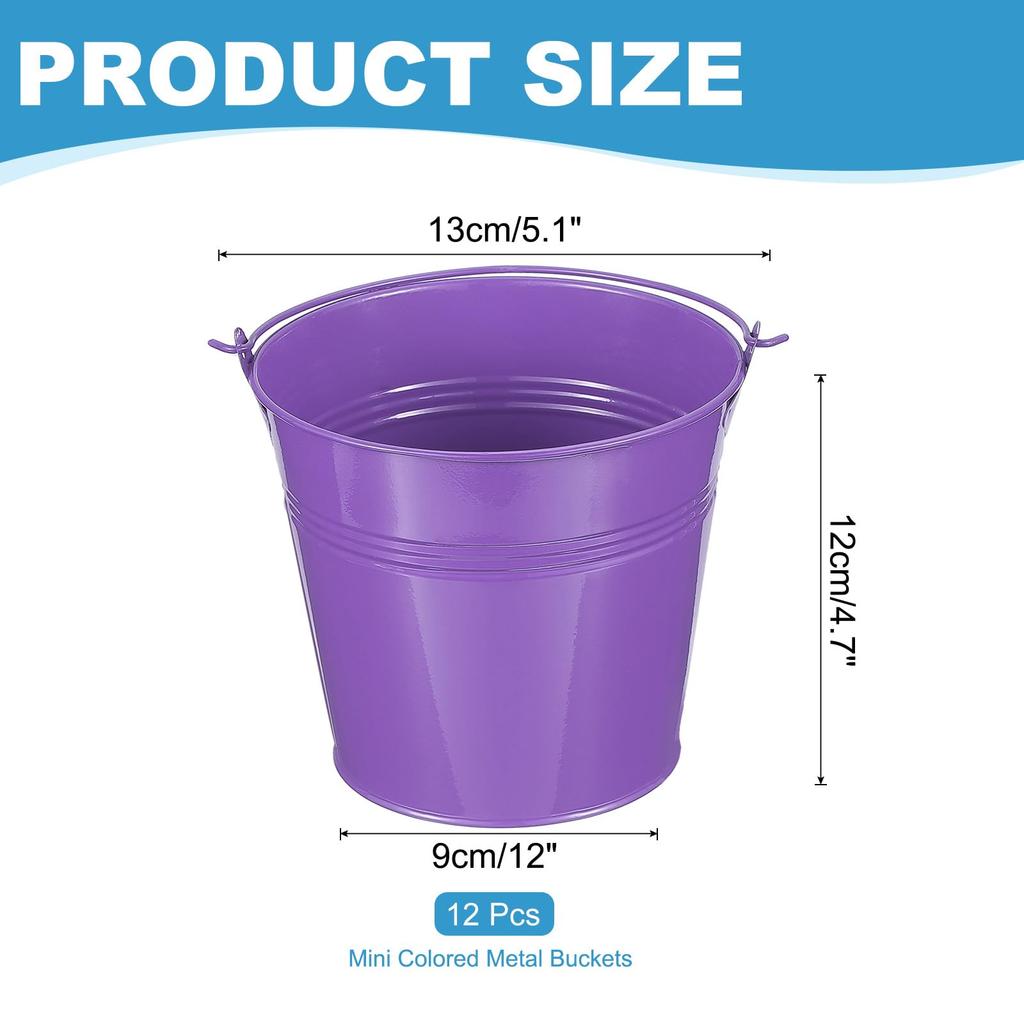 PATIKIL X Small Metal Buckets with Pack of 12 Mini Galvanized Buckets for Party Dark Purple 5.1" 4.7" Handles, Crafts, Favors, Decorations,
