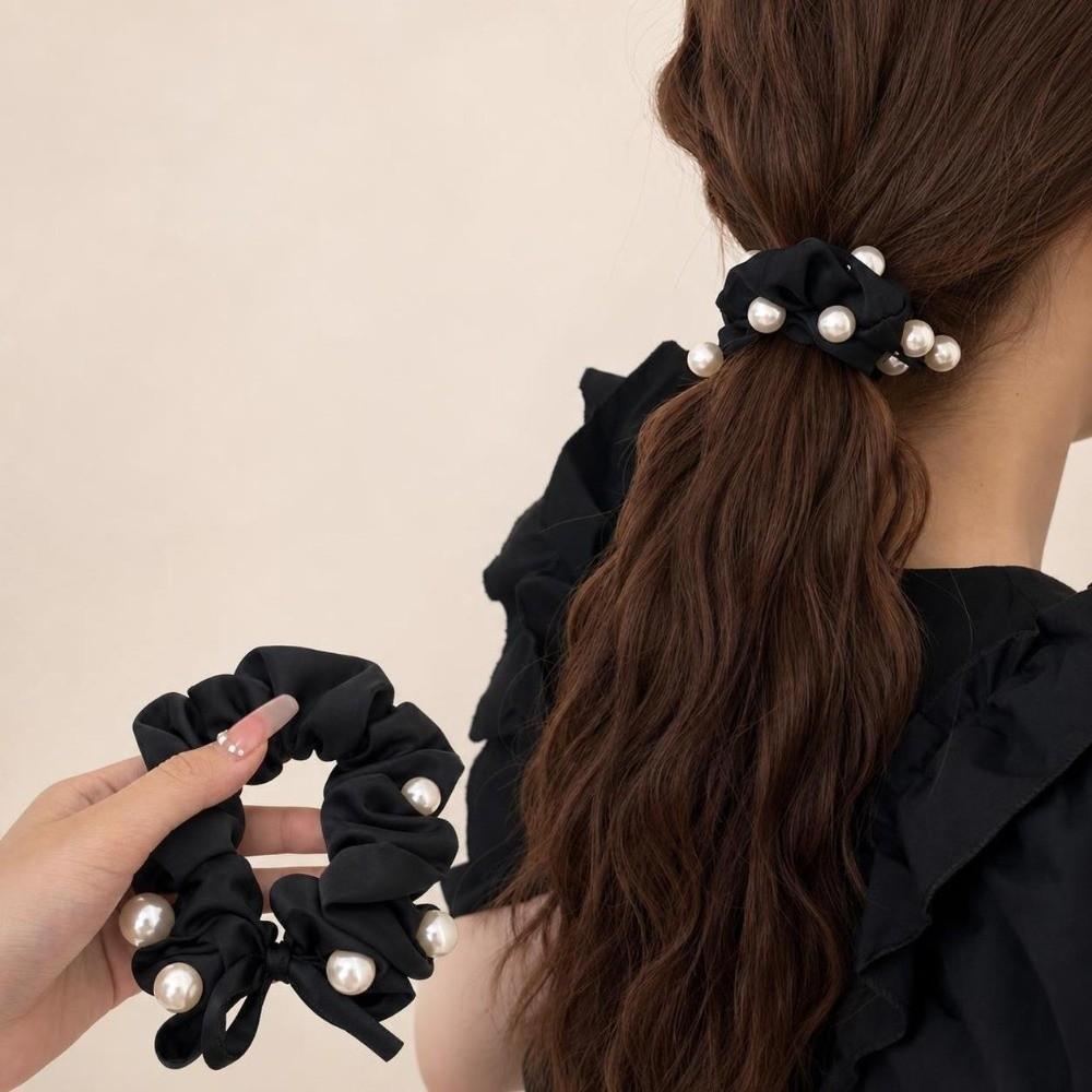 Black Color Pearl Hair Tie Pearl Decoration Bow Headdress Fashion Ponytail Holder  Daily Wear
