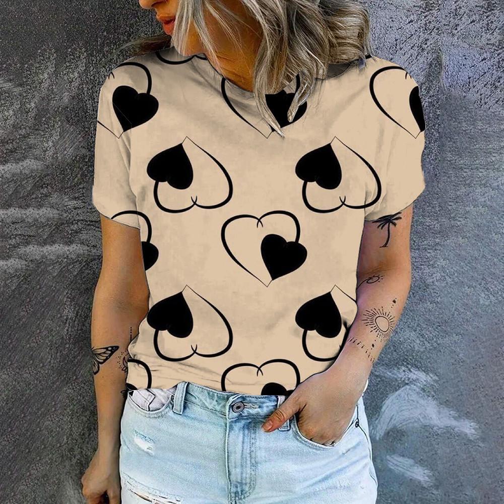 Hochwertiges, modisches T-Shirt mit Rundhalsausschnitt und kurzen Ärmeln, für den Sommer, neues, lockeres T-Shirt mit Herz-Print, elegantes, lässiges, bequemes Damen-T-Shirt