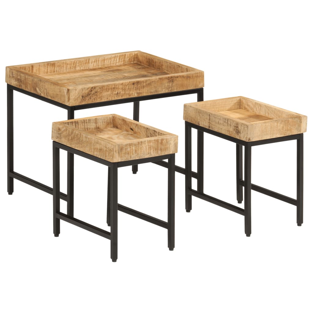 Nesting Tables Set of 3 Rough Solid Mango Wood and Iron