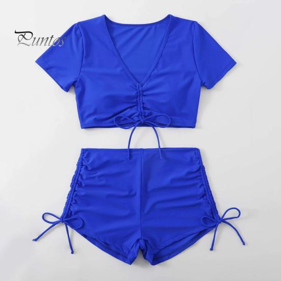 Sexy Bikini 2Pcs/Set Women Summer Set V-Neck Short Sleeve Tops High Bow Tie Swimsuit Waist Drawstring Swimming Trunks Solid Color Quick Drying