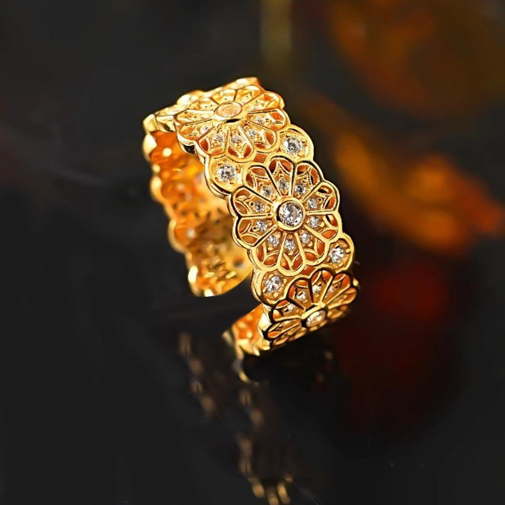 Vintage Rose Stained Glass Open Ring Chinese Style Full Diamond Floral Finger Ring for Women Adjustable