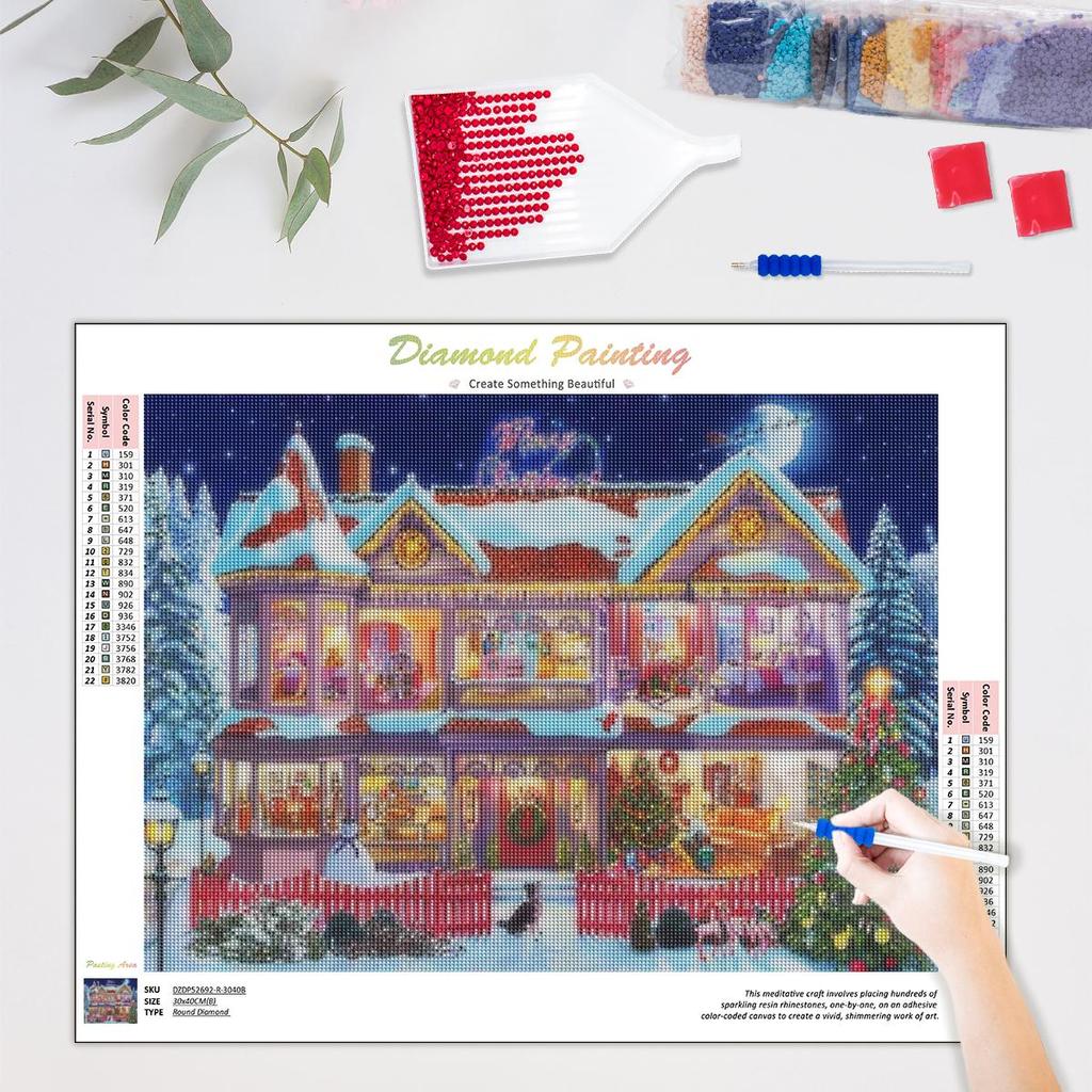 Vánoční Diamantová malba Mozaika Dům Plná kulatá výšivka Zimní kamínkové obrázky Domácí dekorace 30x40cm/12x16inch