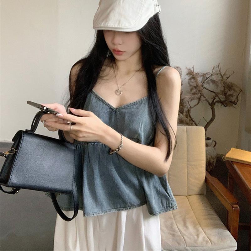 Elegance Casual Stylish Vest Short Denim Camisole V-neck Undershirt Layered Pleated Design Sense Ruffles Inner Wear Outside Sleeveless Tops Women