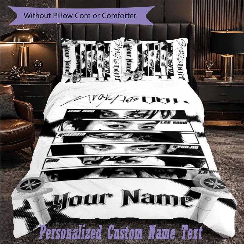 Personalisiertes 3-teiliges Bettwäsche-SetStray Kids Benutzerdefinierter Text Bettbezug Kissenbezug Set Schlafzimmer Geschenk