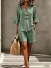 Women's Cotton Ruffle V-Neck Button-Up Top & Shorts Set - European/American Style