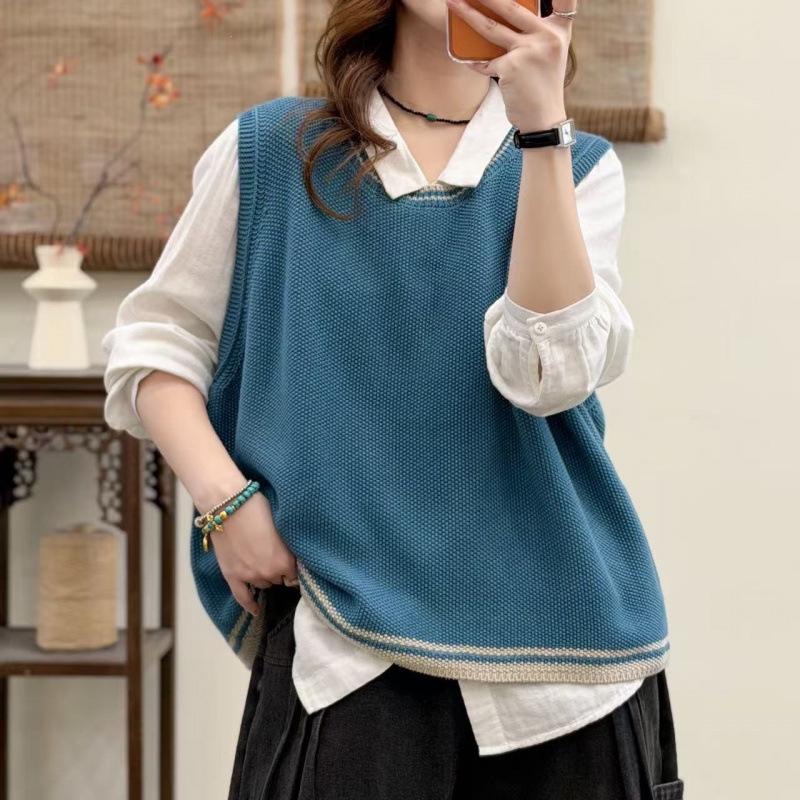 Autumn 2026 Women's Solid Color Sleeveless Knit Vest - Artistic Round Neck, Loose Cotton Thread Sweater Design.