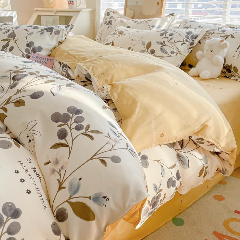 Watercolor Flower Duvet Cover Cotton Cartoon Bunny Comforter Cover Lovely Farm Animal Rabbit Bedding Set for Girly Bedroom Decor