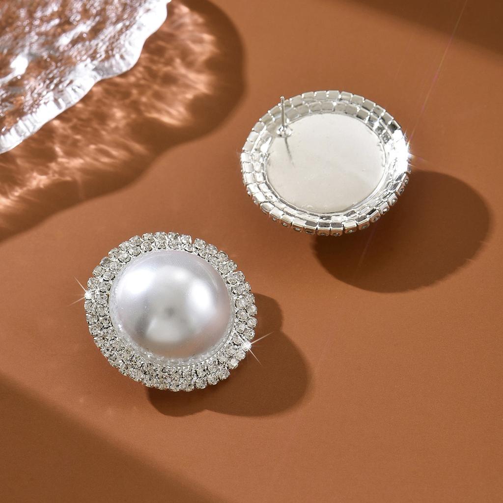 Fashionable Geometric Round Pearl Earrings with Luxurious and High-end Feel, Inlaid with Rhinestones, Elegant Earrings for Women