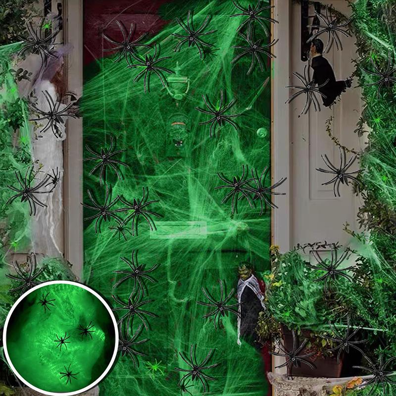 White Stretch Cobwebs Glow Decor Halloween Black Plastic Spiders Spider Web Indoor Creepy Party Supply Dark Glow Essential