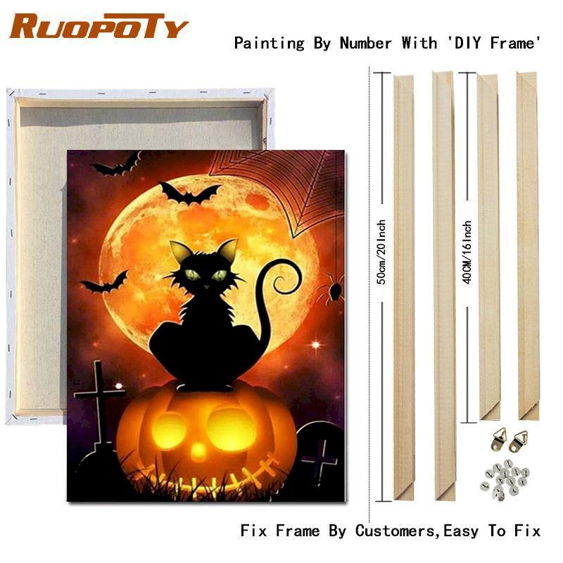 RUOPOTY Painting By Number Cat Animals DIY Frame Acrylic Handpainted Drawing On Canvas Autumn Pumpkin Gift Home Decoration