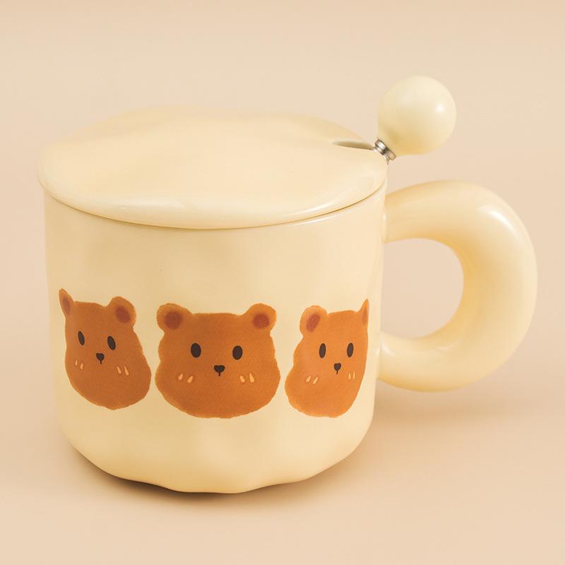 Korean Retro Bear Mug with Lid Spoon High Value Girl Couple Ceramic Cup Office Drinking Water Coffee Cup