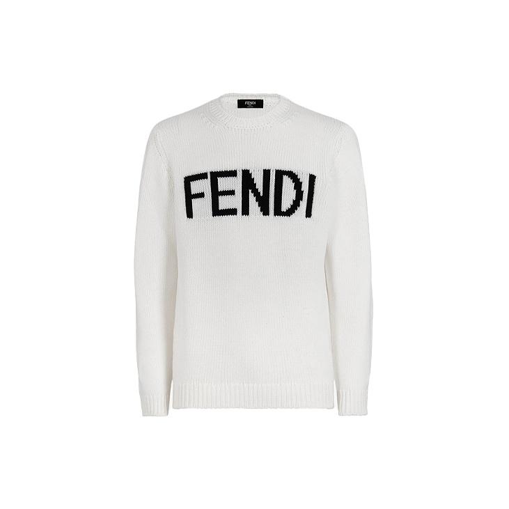 Fendi Sweaters Men's White Crew Neck Moderate Straight Fit FZZ387A3M3F0QA0