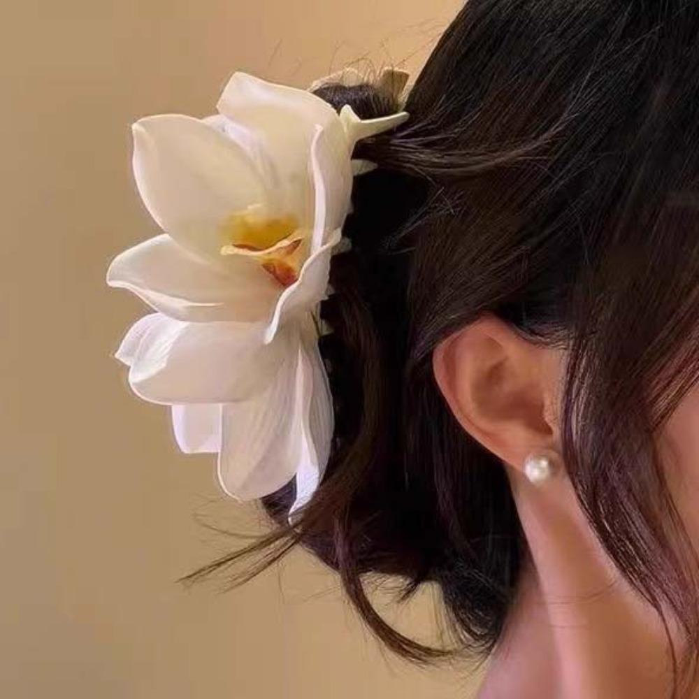 Elegant Magnolia Shark Clip Sweet Women Hair Accessories White Yulan Flower Hair Claw Travel