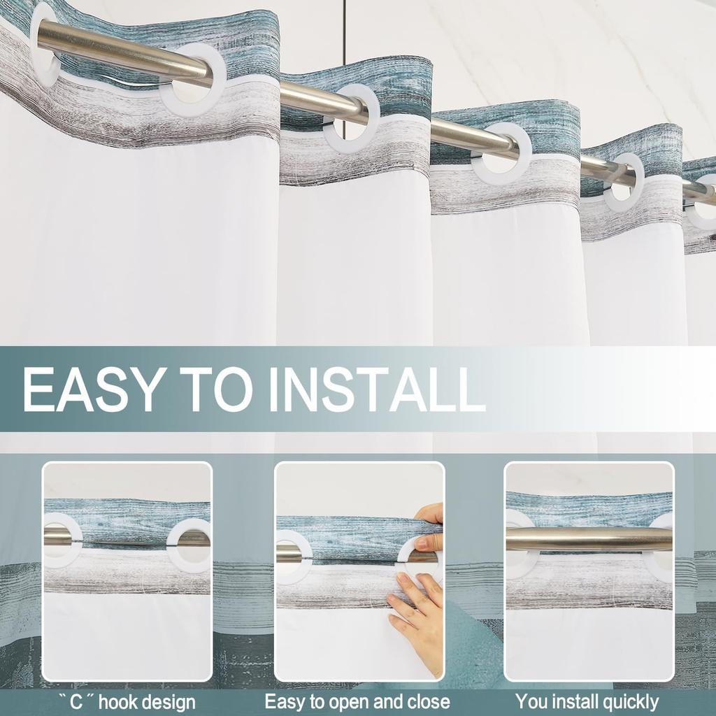 DASHAN No Hook Shower Curtain with Snap In Liner, Rustic Floral Shower Curtains for Bathroom, Teal Flowers Bath Curtain Wood Country Farmhouse Fabric