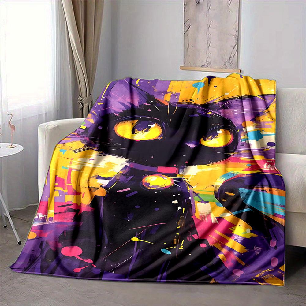 1pc Colorful Cat Artwork Blanket Lightweight Flannel Blanket Throw Blanket For Sofa, Bed, Travel, Camping, Livingroom, Office, Couch, Chair, And Bed y