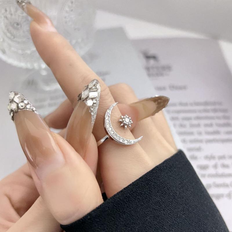 Adjustable Star and Moon Open Ring - Trendy Crescent Moon Index Finger Jewelry for Women