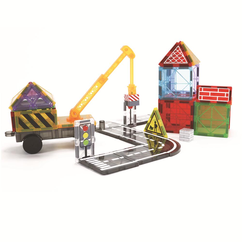 Yuelebo Magnetic Building Blocks: City Traffic & Architecture Set with Crane and Stained Glass Tiles