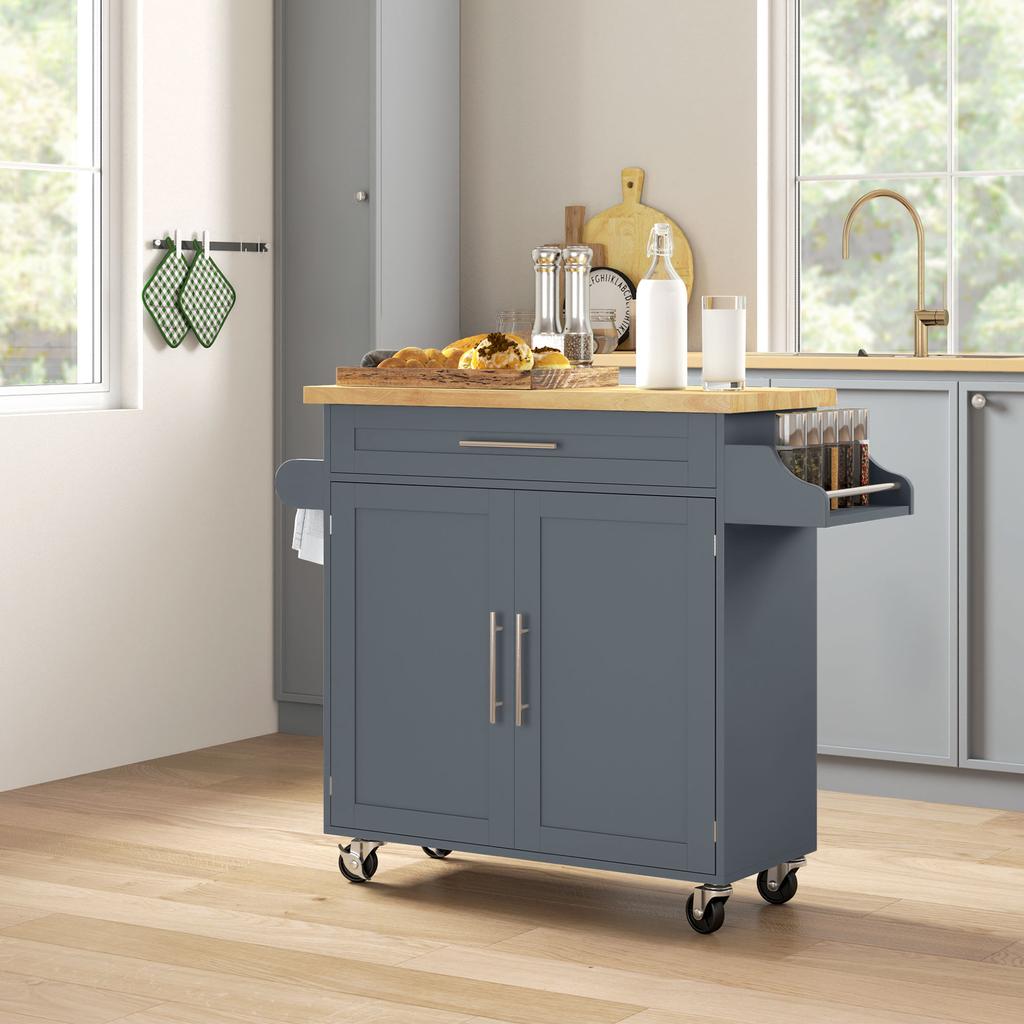Wooden Kitchen Cart with Drawer, Spice Rack and Cabinet, 109x40x89 cm, Grey and Wood Color