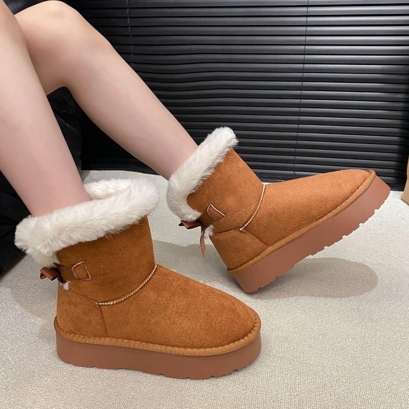 Winter New Cotton Boots Women's Round Toe Suede Plush Bow Platform Snow Boots