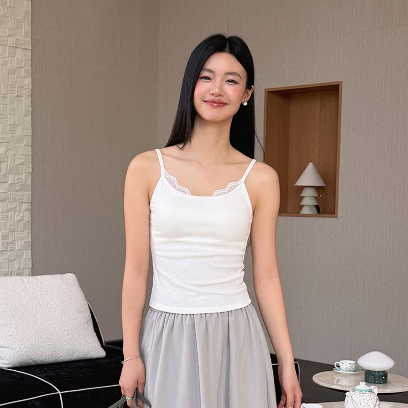 

Women s Cotton Linen Slim Fit Camisole Vest with Lace and Built-in Chest Pads F