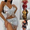 New Summer Solid Three Piece Set Swimsuit Women Bikini Shiny Sequins Sexy Tassel 3 Piece Suit Fashion Slim Fit Halter Swimsuits Bikini Set 24331