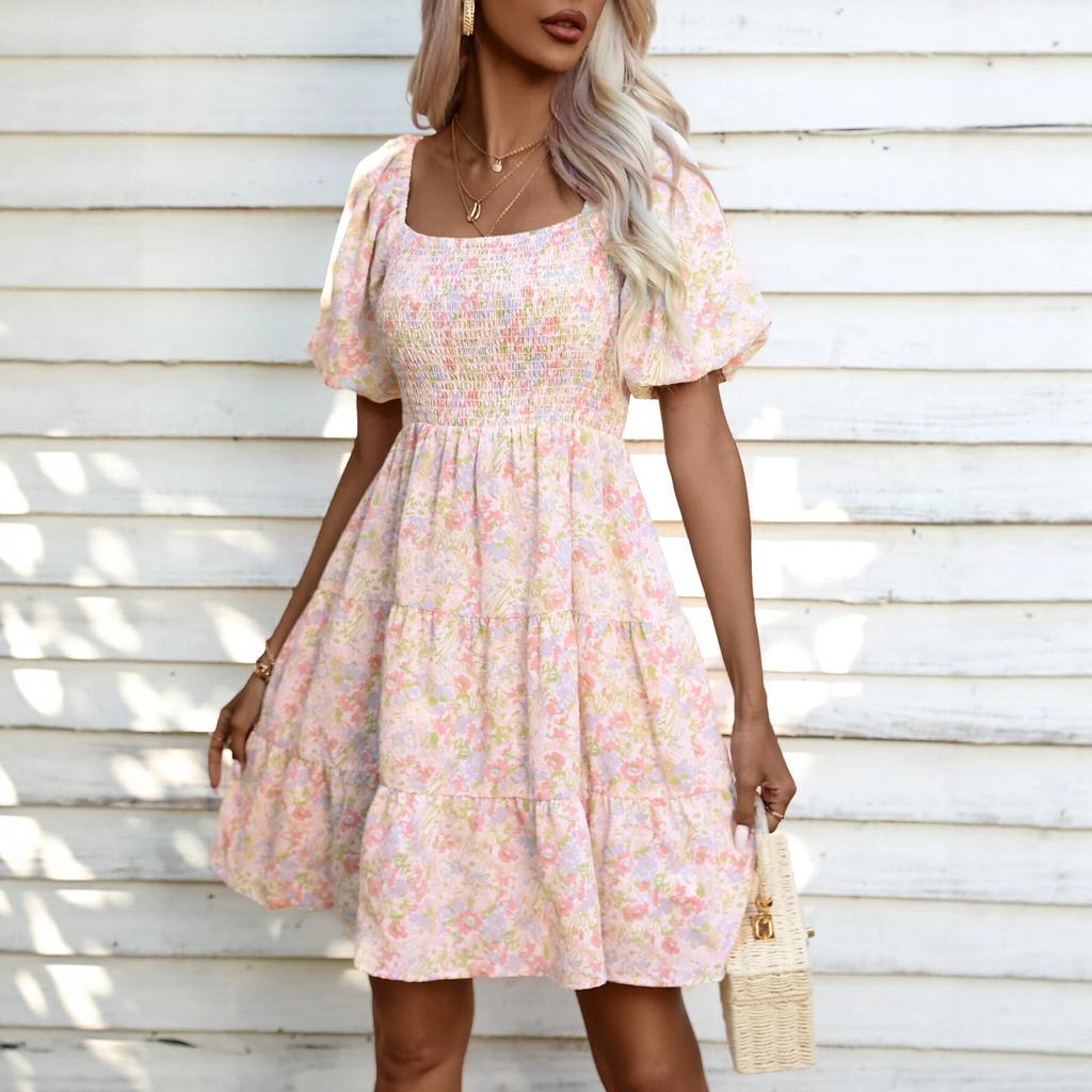 2025 New European and American Style Bubble Sleeve Printing Dress Summer Square Collar Waist Thin Floral Dress Women