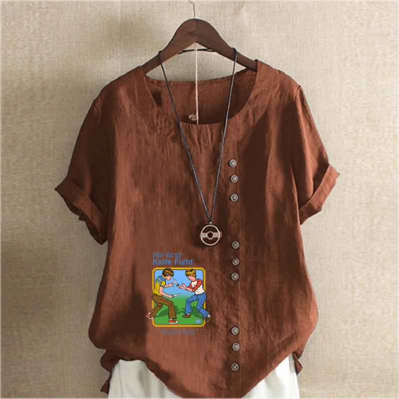 Women's Fashion Playing Children Print Short Sleeve T-shirt Loose Cotton Shirt Casual Loose Summer Blouse Tops Plus Size