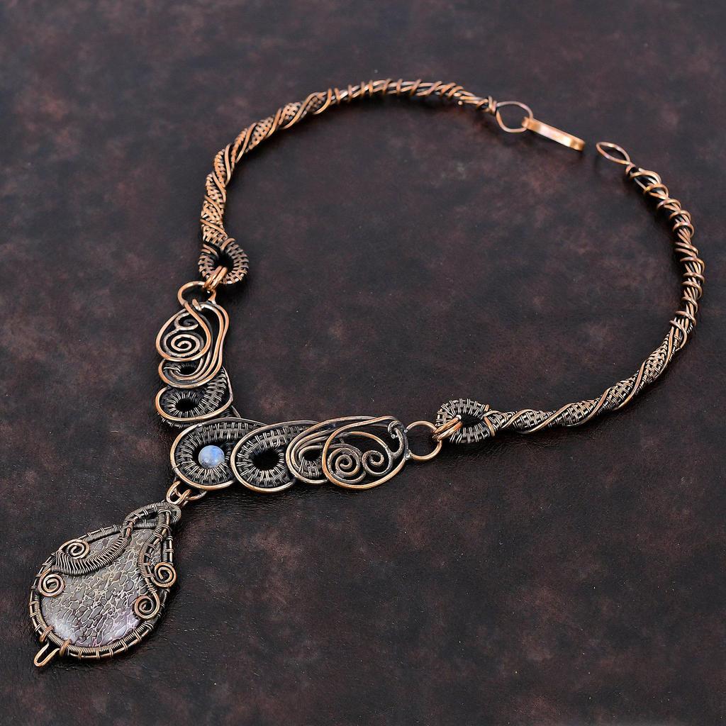 Dinosaur Bone Gemstone Necklace Copper Wire Wrapped Necklace Copper Jewelry Moonstone Necklace Anniversary Gift Handmade Wire Wrap Jewelry