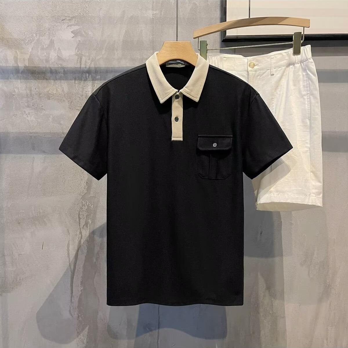 

Стильный летний мужской поло-топ с контрастным воротником и карманом, короткий рукав, свободный крой, японский стиль M