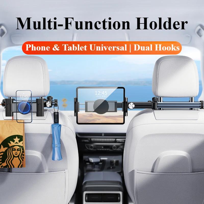 Oatsbasf Car Tablet Holder for Headrest Extension Arm Adjustable Car Mount for Back Seat Phone Stand for iPhone iPad with Hooks