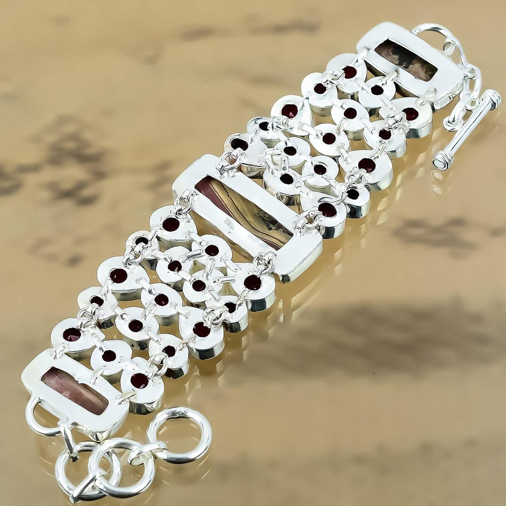 925 Sterling Silver Natural Rhodochrosite Mozambique Garnet Chain Boho Bracelet