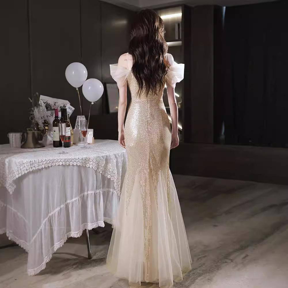 Sequined Evening Dress Dress Female Suspender Shoulder Fairy Style Light Luxury Niche Haute Couture Host Banquet Birthday Flash Summer