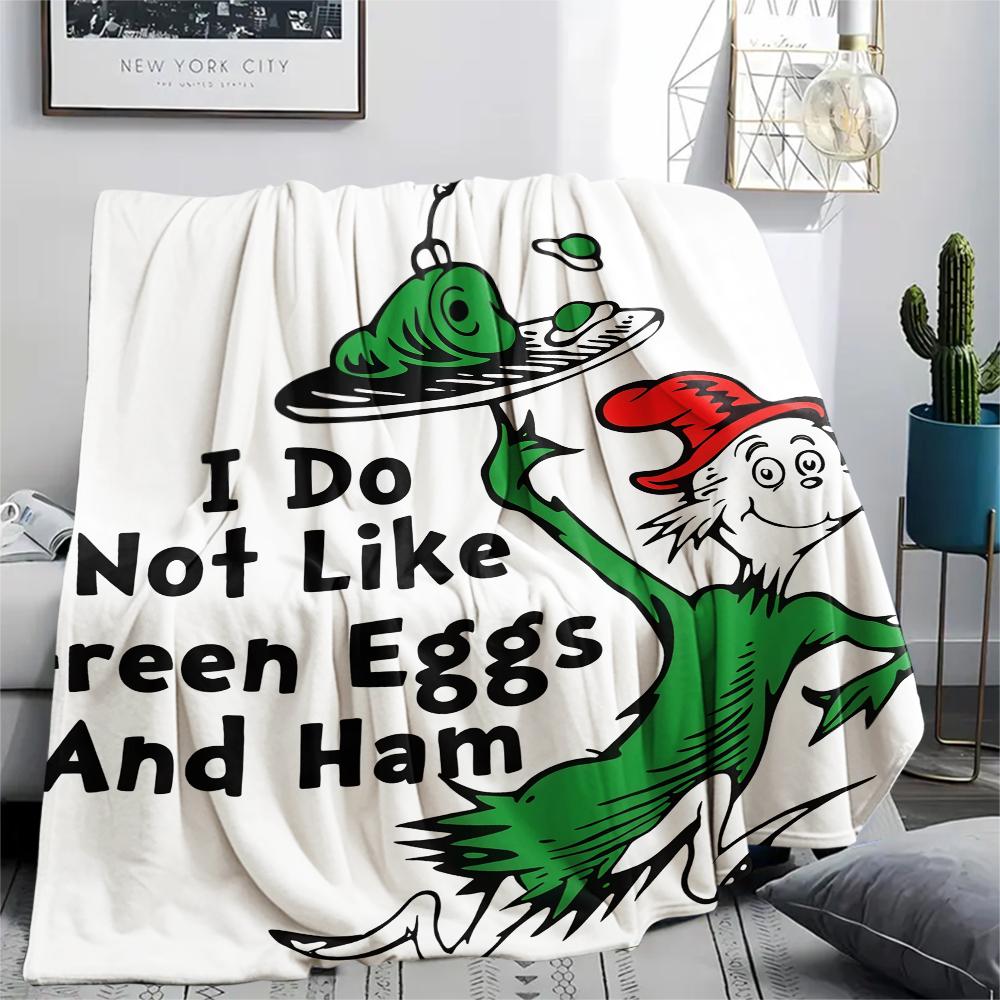 1PC Green Eggs and Ham Print Flannel Blanket, High quality All Seasons, Home Decor, Warmth and Comfort, Perfect for Christmas Gifts