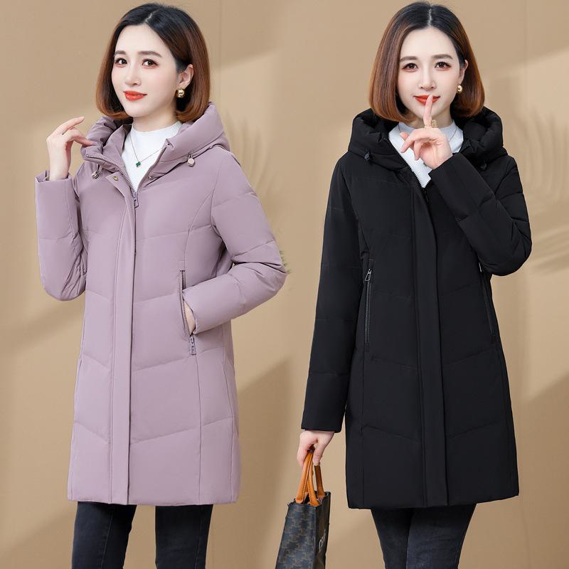 Luxurious Women's Mid-Length White Duck Down Jacket with Hood