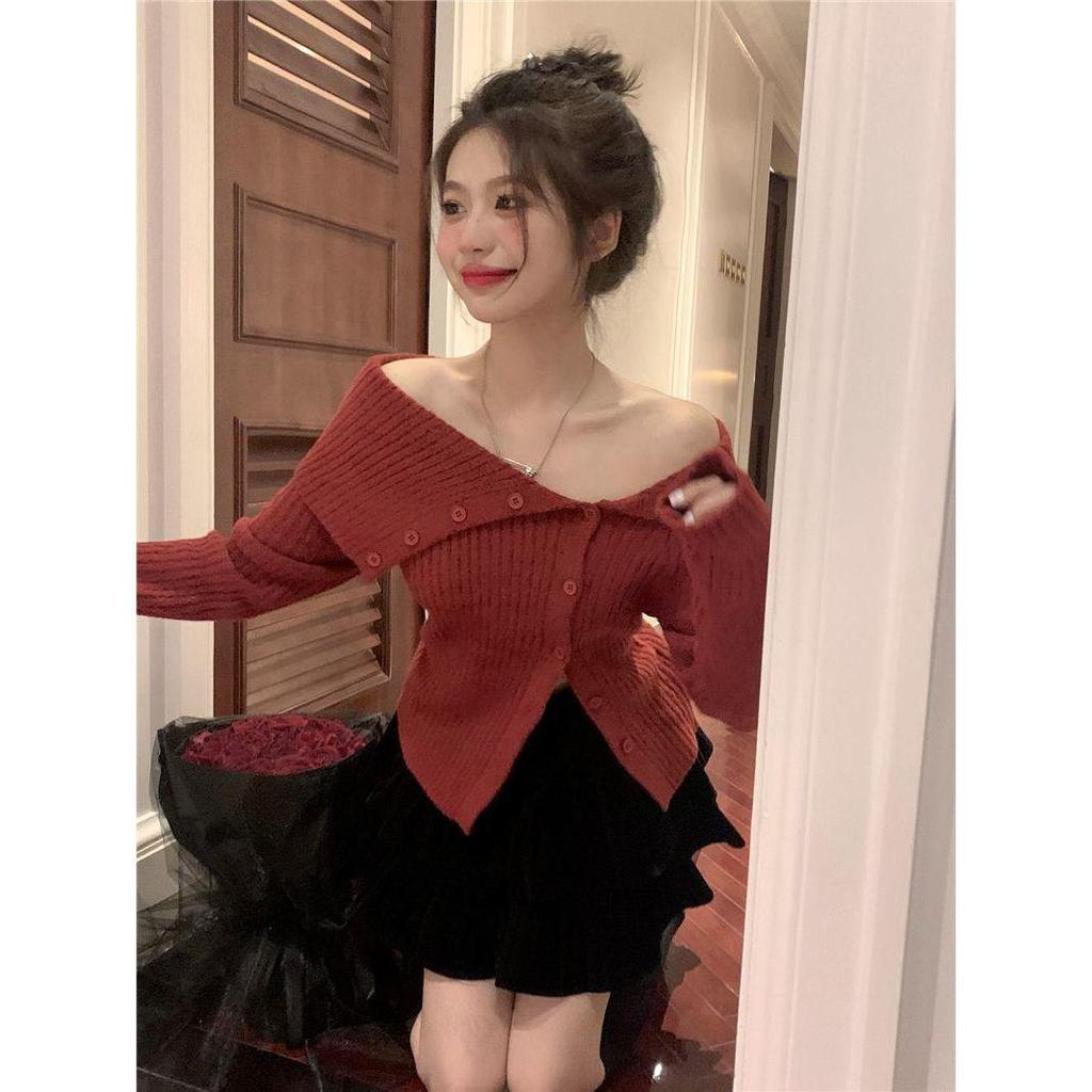 Korean Style Off-Shoulder Knit Cardigan - Women's Autumn/Winter Slim Fit Sweater with Turn-Down Collar